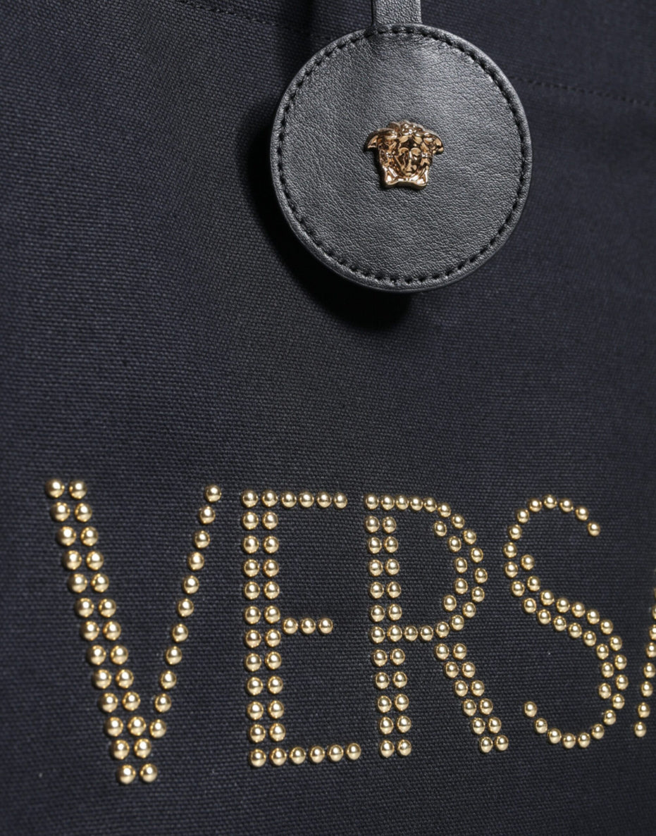 Τσάντα Versace Μαύρη Tote Χιαστί με Λαβή, από Καμβά και Δέρμα, με Λογότυπο