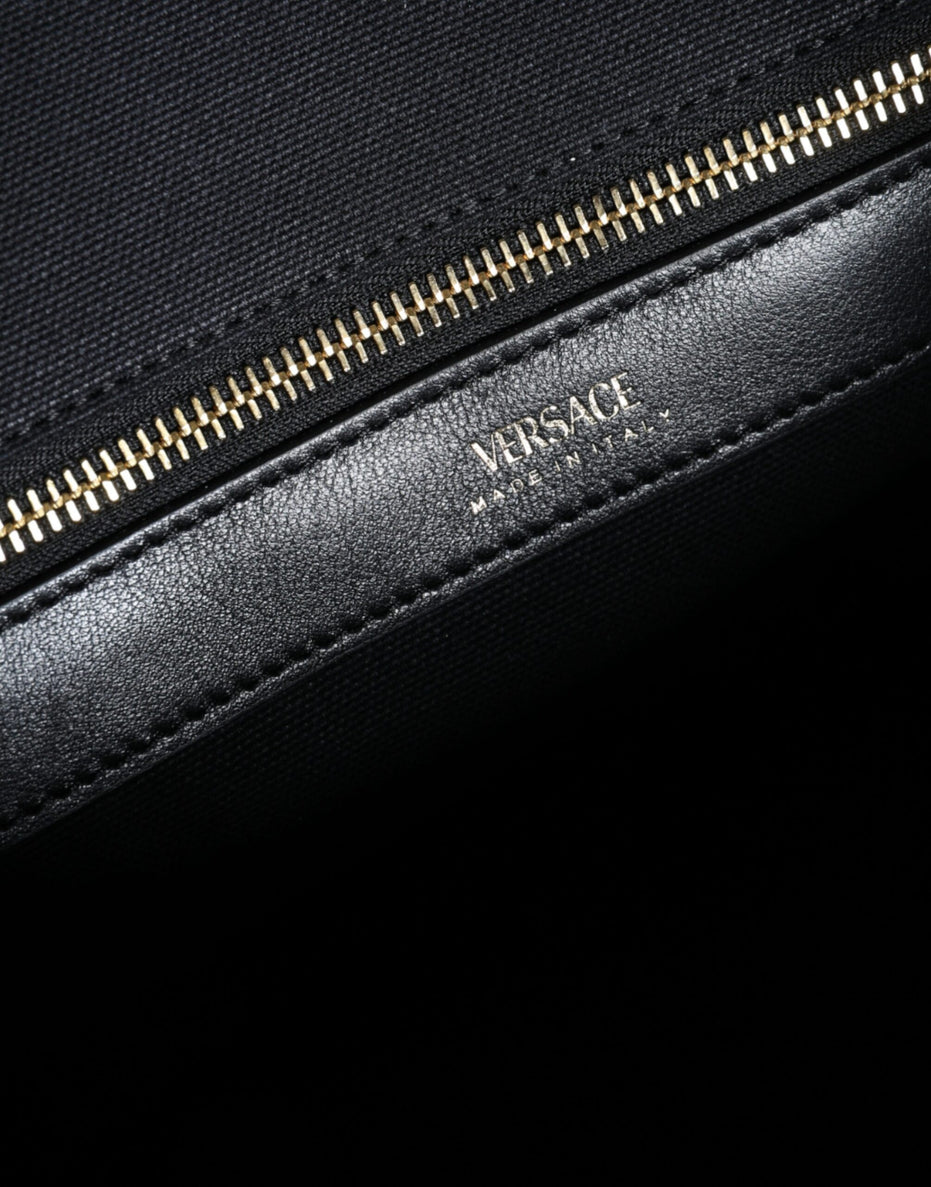 Τσάντα Versace Μαύρη Tote Χιαστί με Λαβή, από Καμβά και Δέρμα, με Λογότυπο