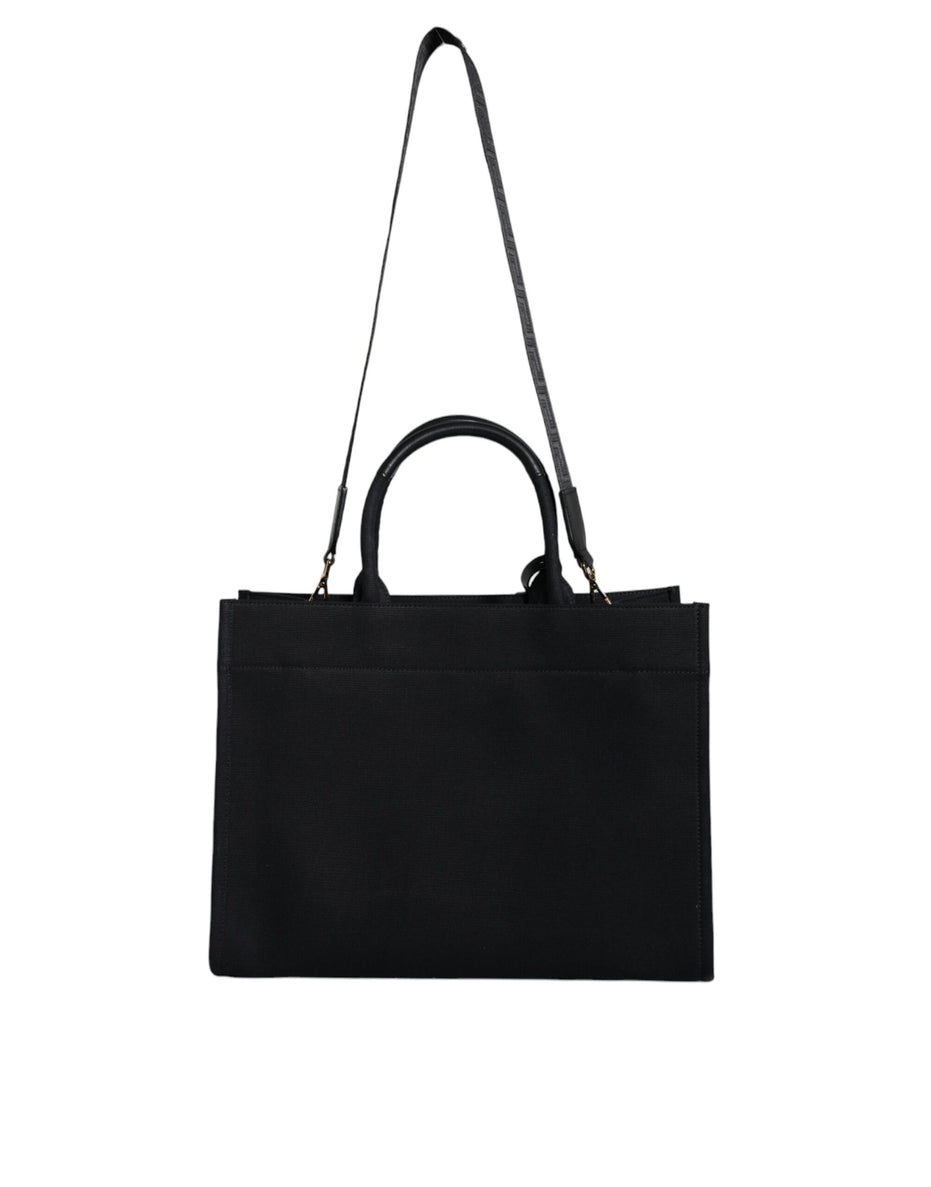 Τσάντα Versace Μαύρη Tote Χιαστί με Λαβή, από Καμβά και Δέρμα, με Λογότυπο