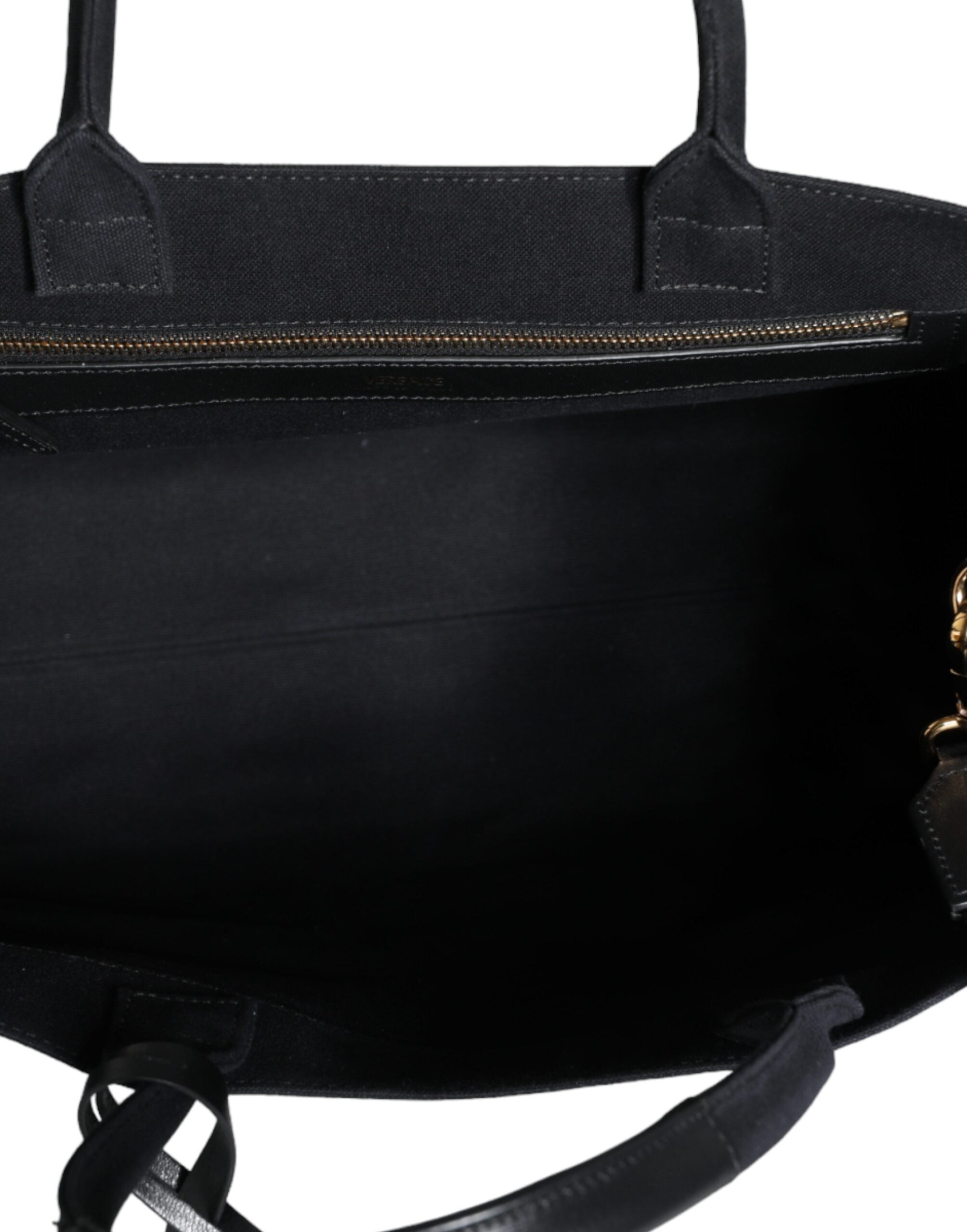 Τσάντα Versace Μαύρη Tote Χιαστί με Λαβή, από Καμβά και Δέρμα, με Λογότυπο