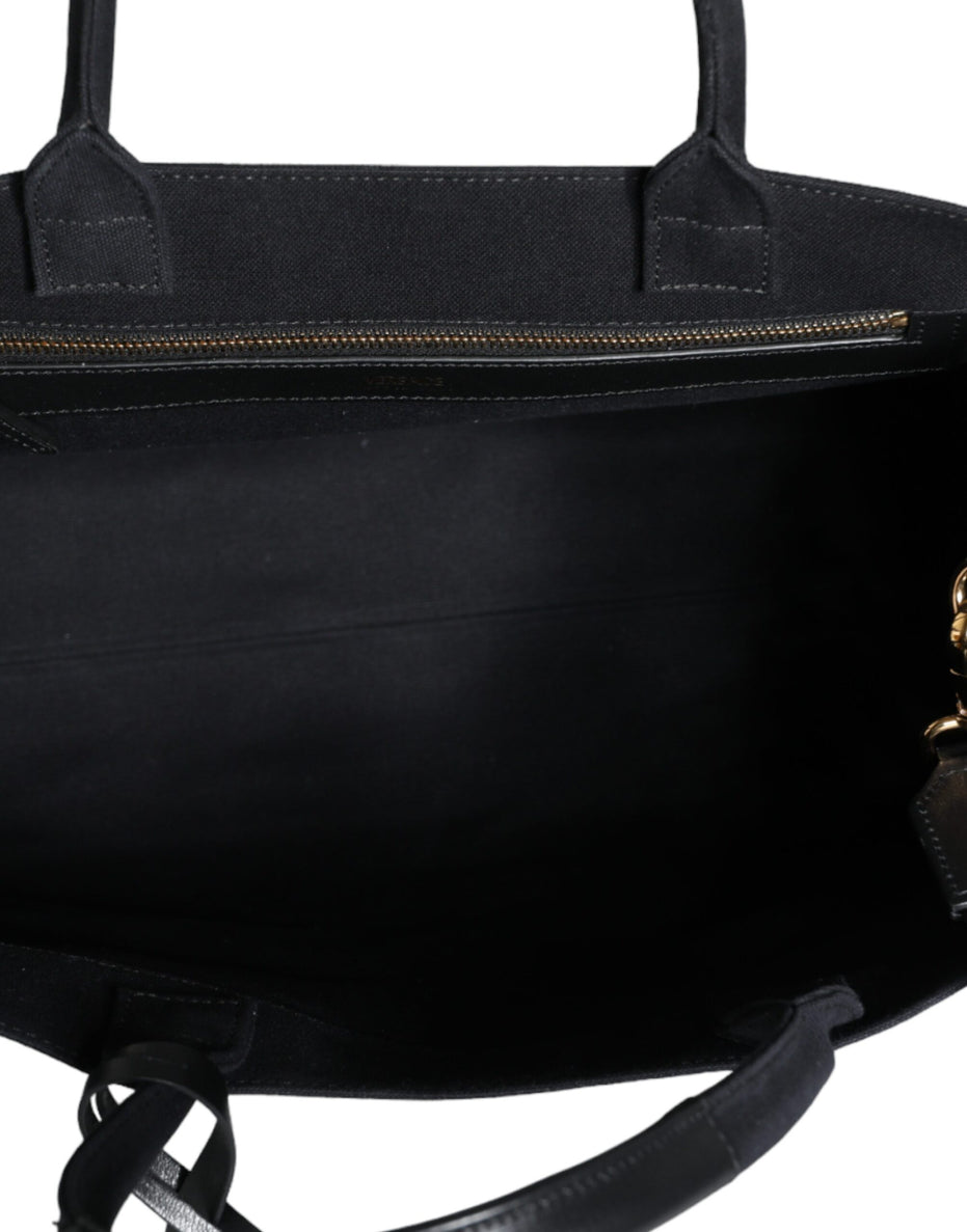 Τσάντα Versace Μαύρη Tote Χιαστί με Λαβή, από Καμβά και Δέρμα, με Λογότυπο