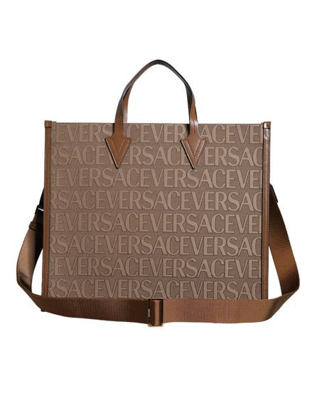 Τσάντα Χειρός και Χιαστί Versace από Καφέ Δέρμα Jacquard με Λογότυπο