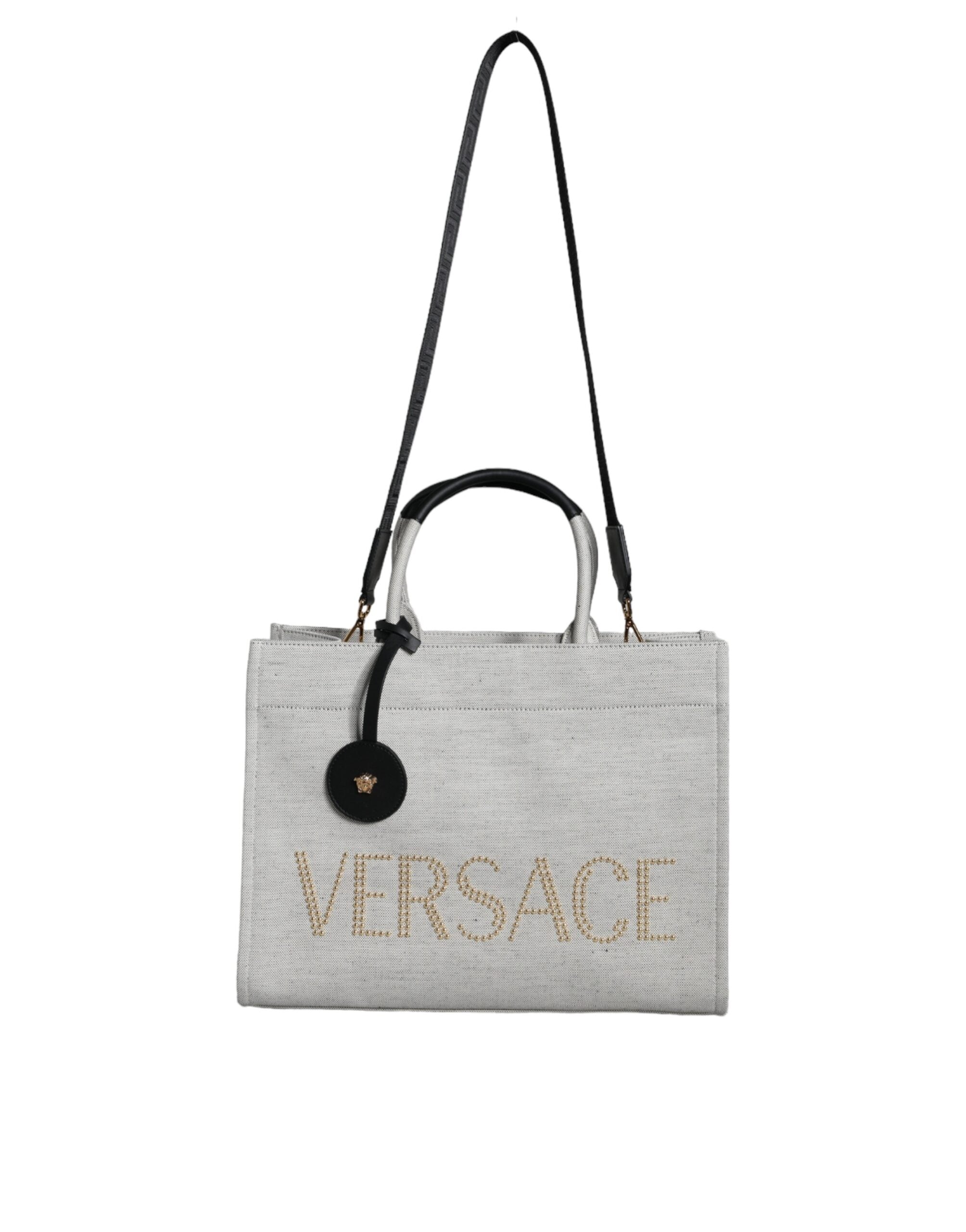 Τσάντα Versace White Top Handle από Καμβά και Δέρμα με Λογότυπο, Χιαστί και Χειρός