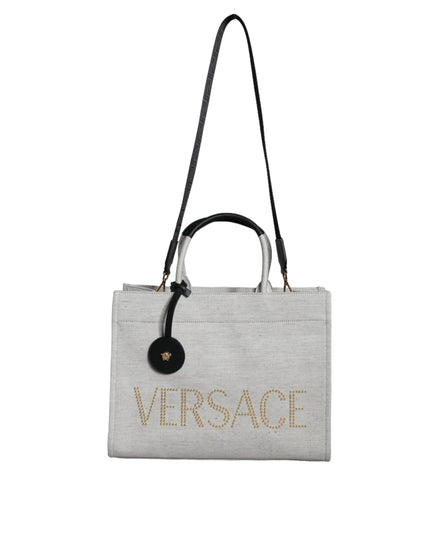 Τσάντα Versace White Top Handle από Καμβά και Δέρμα με Λογότυπο, Χιαστί και Χειρός