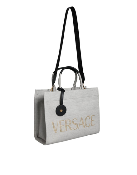 Τσάντα Versace White Top Handle από Καμβά και Δέρμα με Λογότυπο, Χιαστί και Χειρός