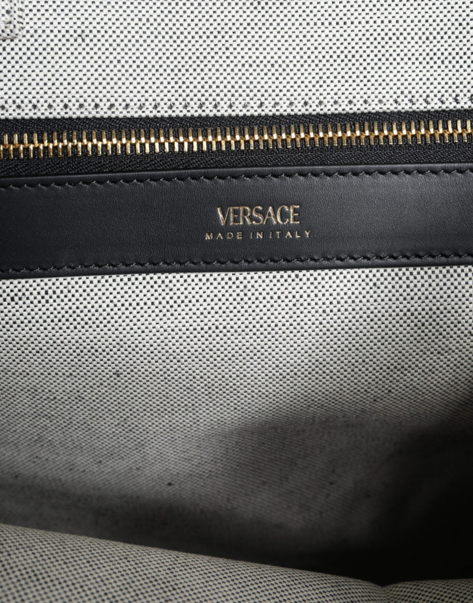 Τσάντα Versace White Top Handle από Καμβά και Δέρμα με Λογότυπο, Χιαστί και Χειρός