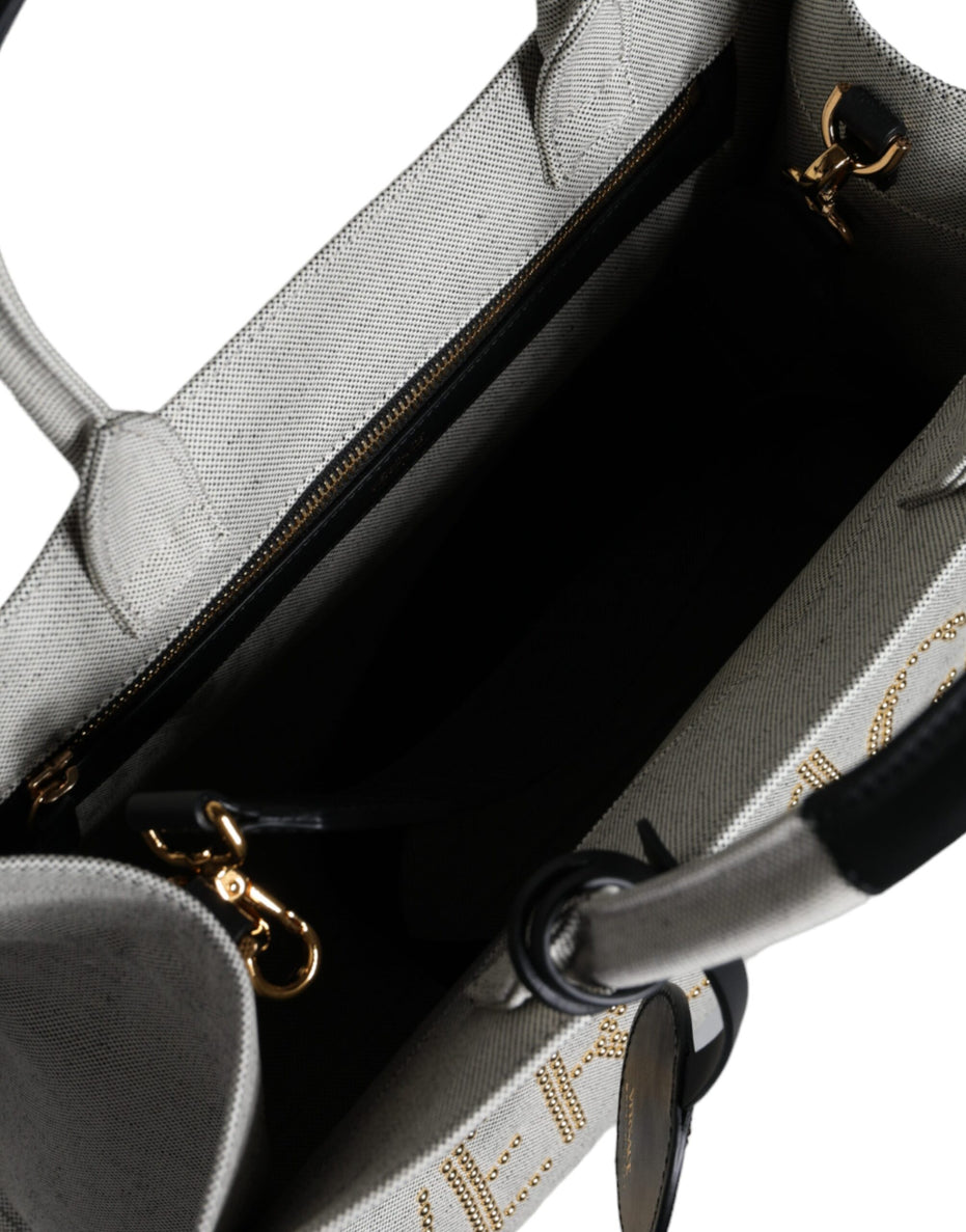 Τσάντα Versace White Top Handle από Καμβά και Δέρμα με Λογότυπο, Χιαστί και Χειρός