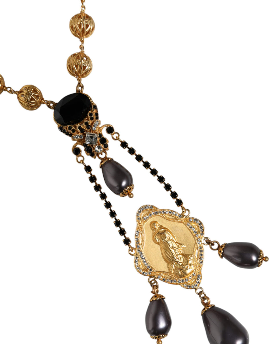 Dolce & Gabbana Χρυσή Αλυσίδα Ορειχάλκινο Μαύρο Κολιέ σε Στυλ Κομπολογιού με Χάντρες