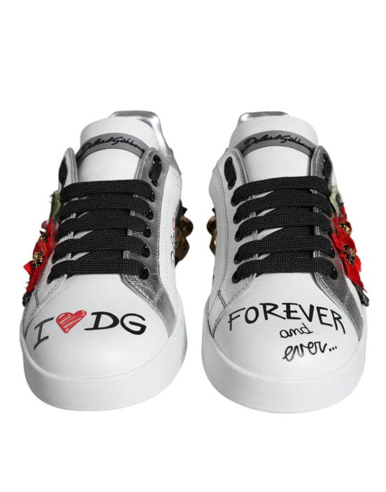 Dolce & Gabbana Λευκά Sneakers με Λουλούδια και Τρουκς από Δέρμα
