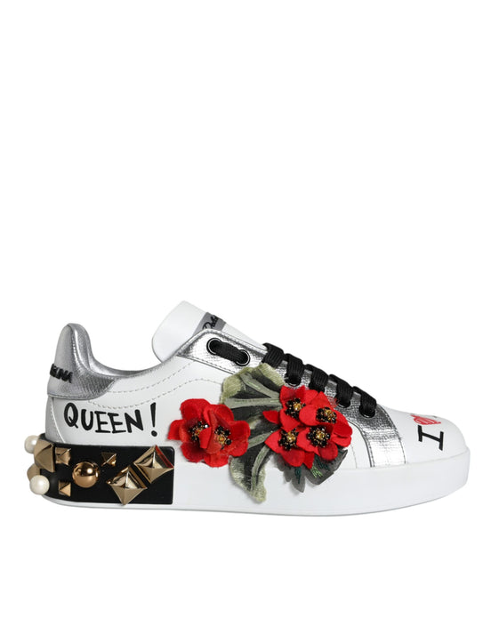 Dolce & Gabbana Λευκά Sneakers με Λουλούδια και Τρουκς από Δέρμα