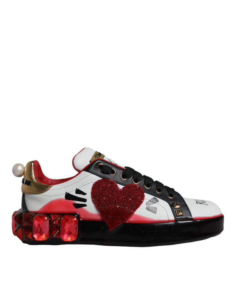 Dolce & Gabbana Λευκά Sneakers Portofino από Δέρμα με Κόκκινα Κρύσταλλα