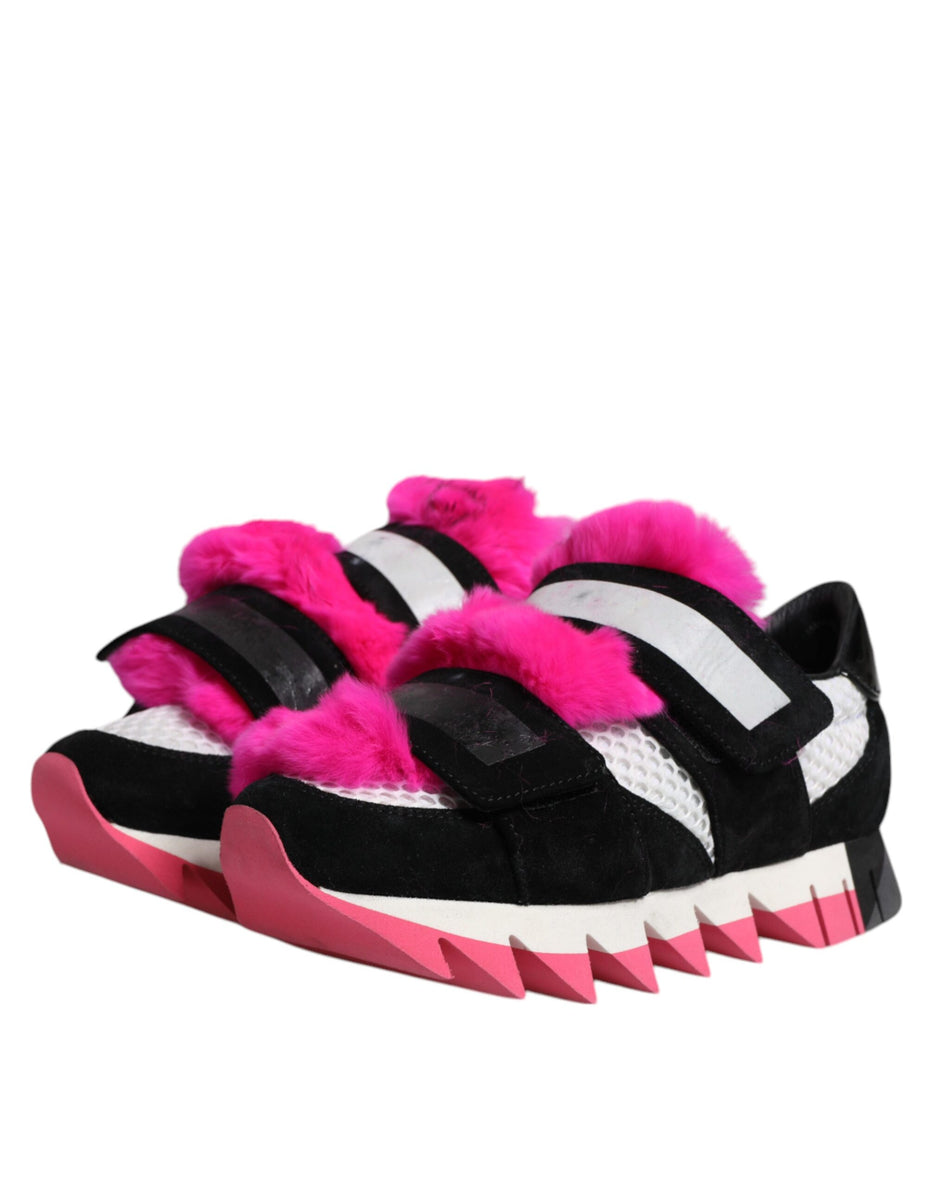 Dolce & Gabbana Μαύρα Ροζ Γούνινα Παπούτσια Sneakers με Στολίδια