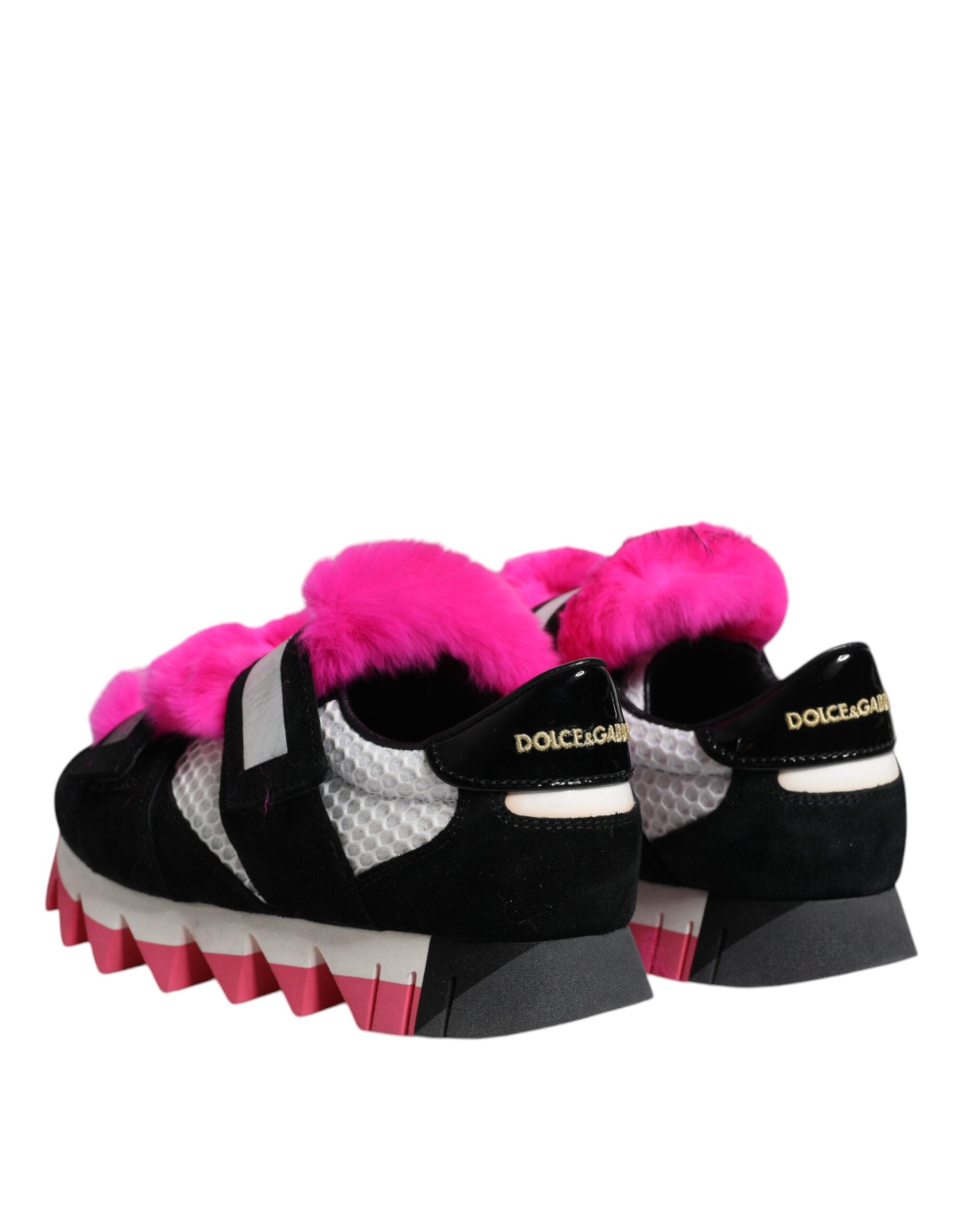 Dolce & Gabbana Μαύρα Ροζ Γούνινα Παπούτσια Sneakers με Στολίδια