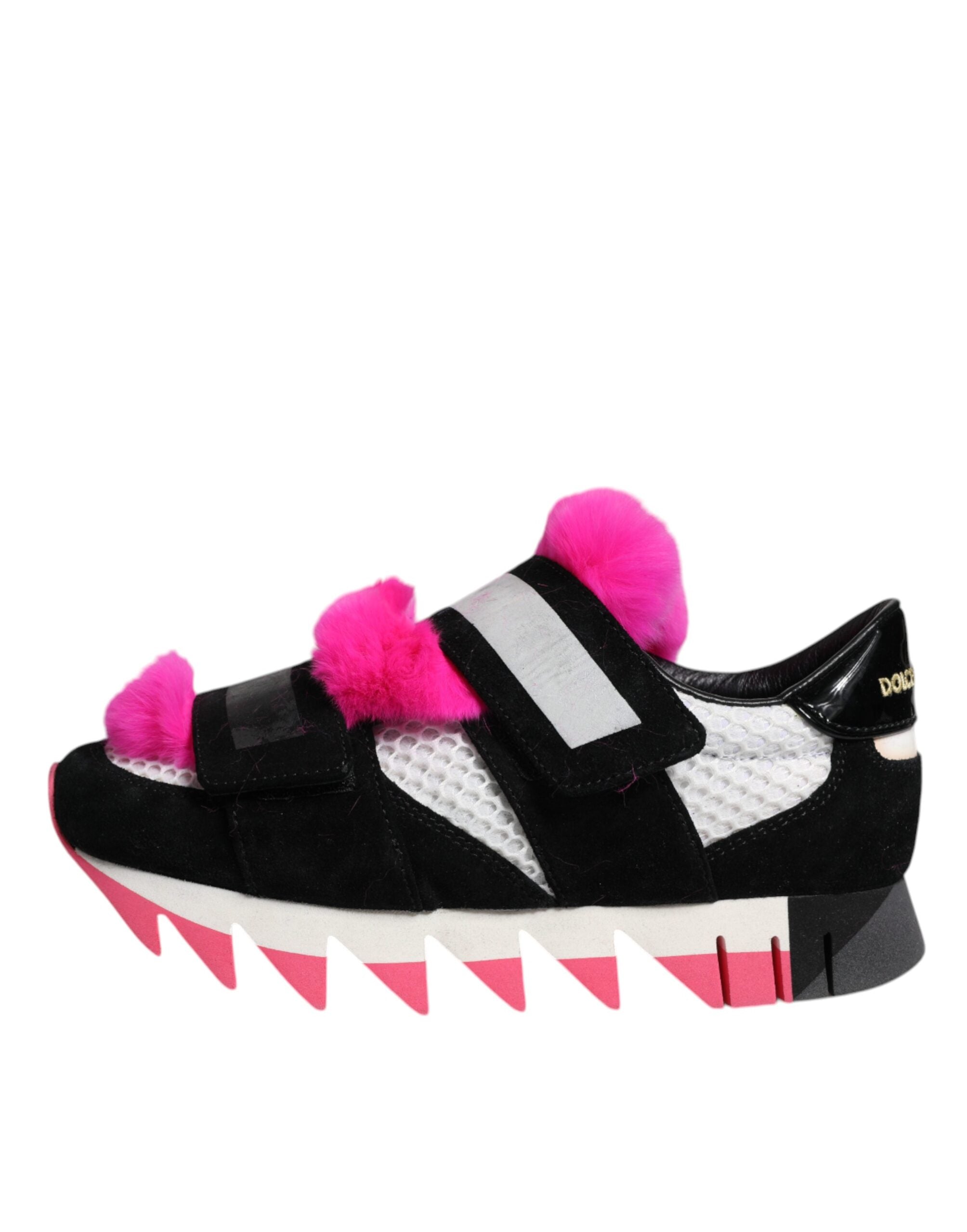 Dolce & Gabbana Μαύρα Ροζ Γούνινα Παπούτσια Sneakers με Στολίδια