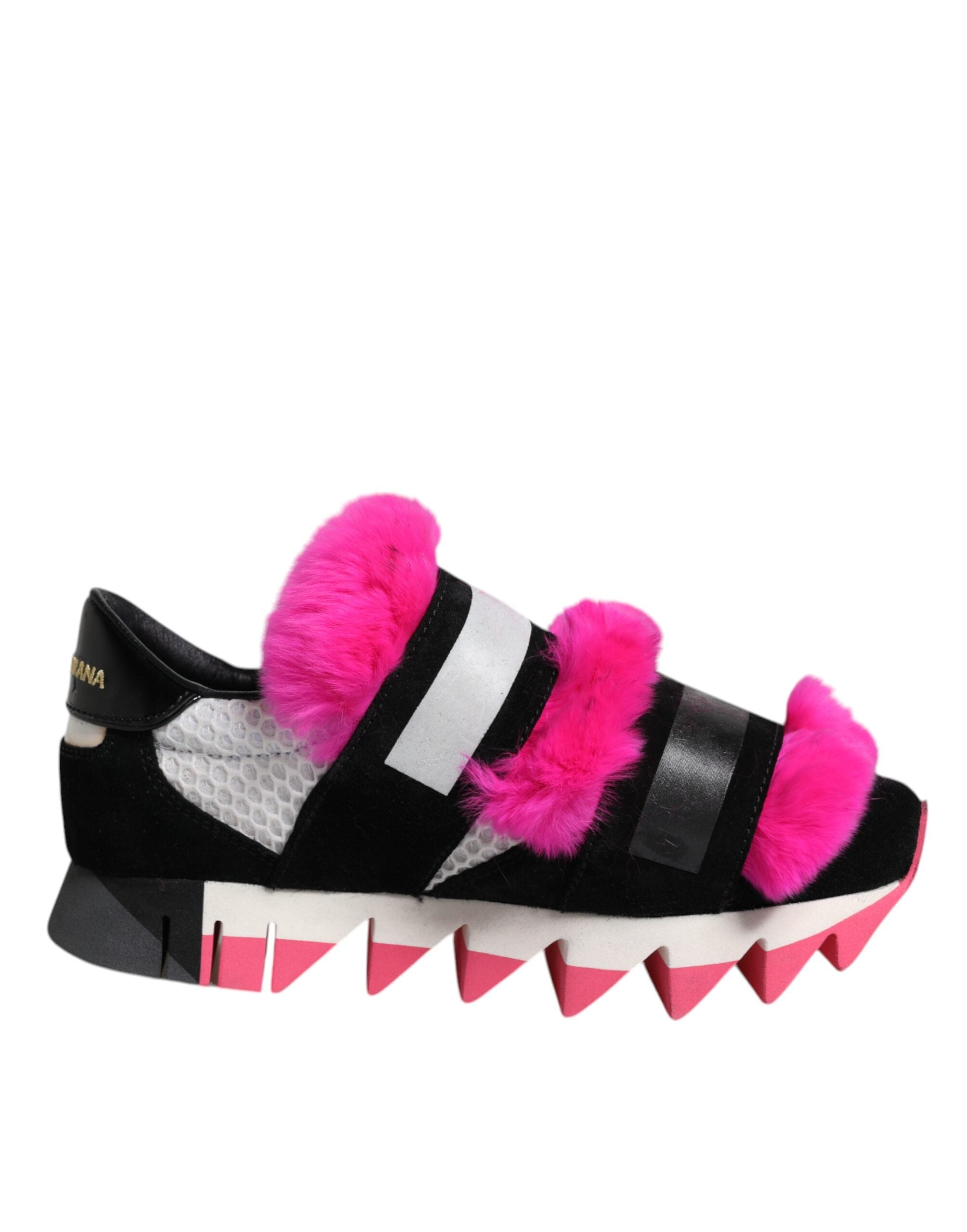 Dolce & Gabbana Μαύρα Ροζ Γούνινα Παπούτσια Sneakers με Στολίδια