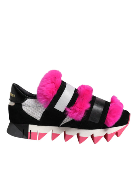Dolce & Gabbana Μαύρα Ροζ Γούνινα Παπούτσια Sneakers με Στολίδια