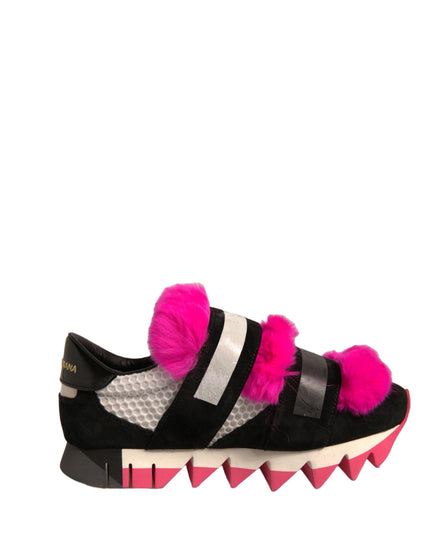 Dolce & Gabbana Μαύρα Ροζ Γούνινα Παπούτσια Sneakers με Στολίδια