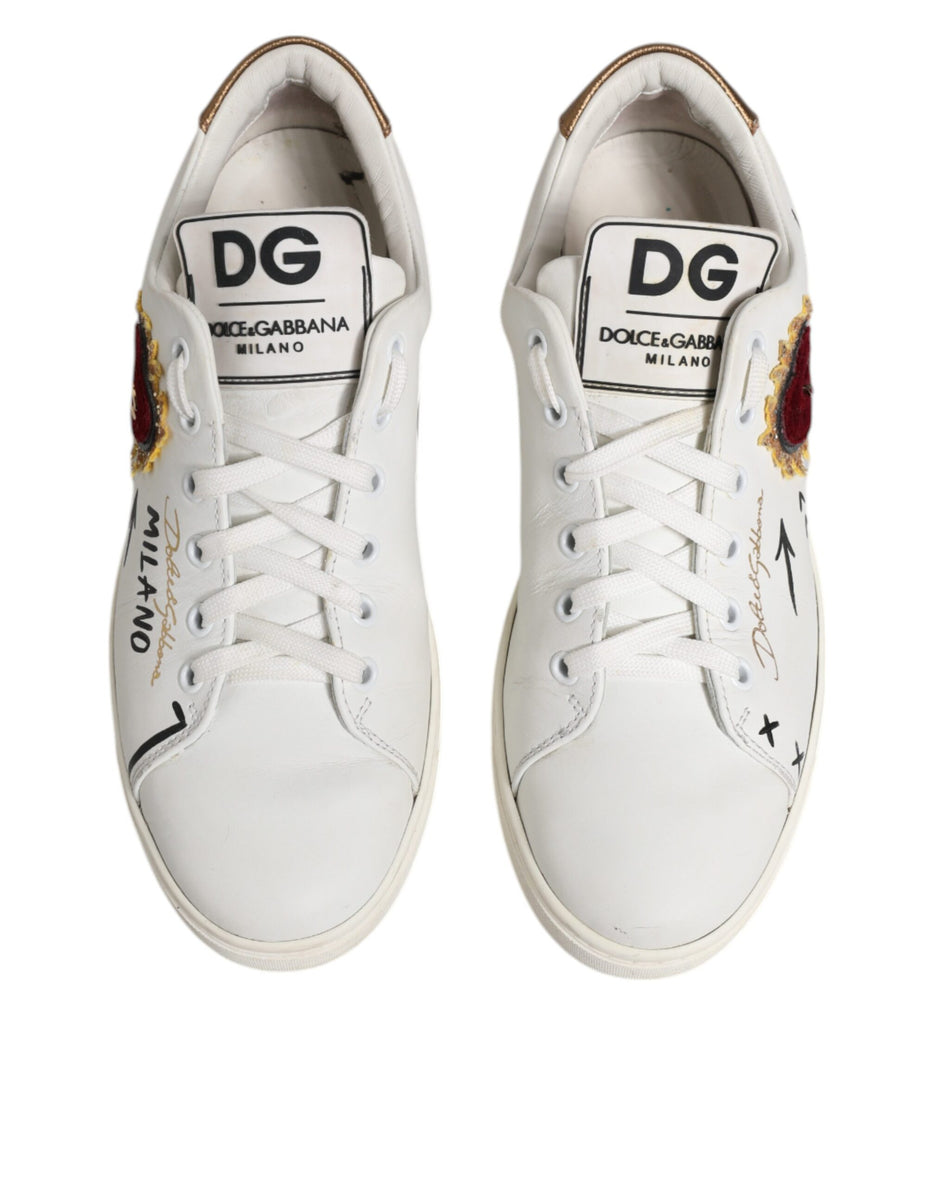 Dolce & Gabbana Λευκά Δερμάτινα Sneakers Παπούτσια με Καρδιές