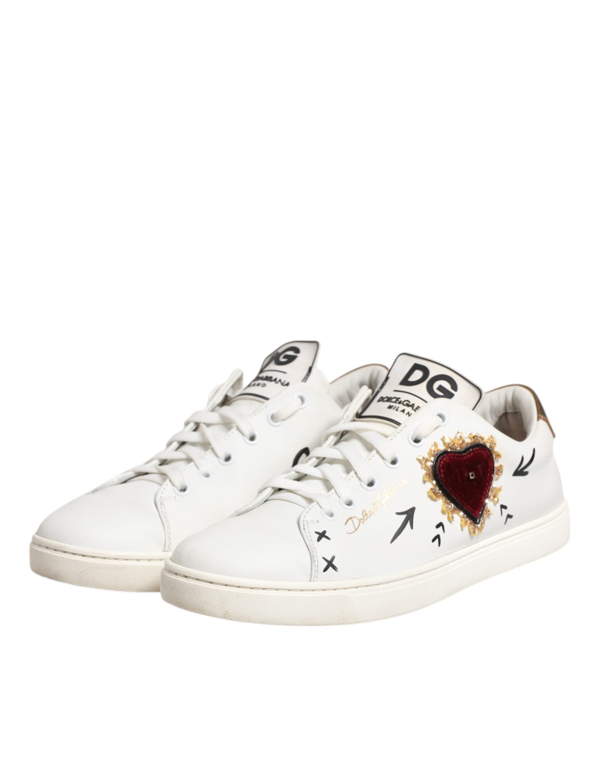 Dolce & Gabbana Λευκά Δερμάτινα Sneakers Παπούτσια με Καρδιές