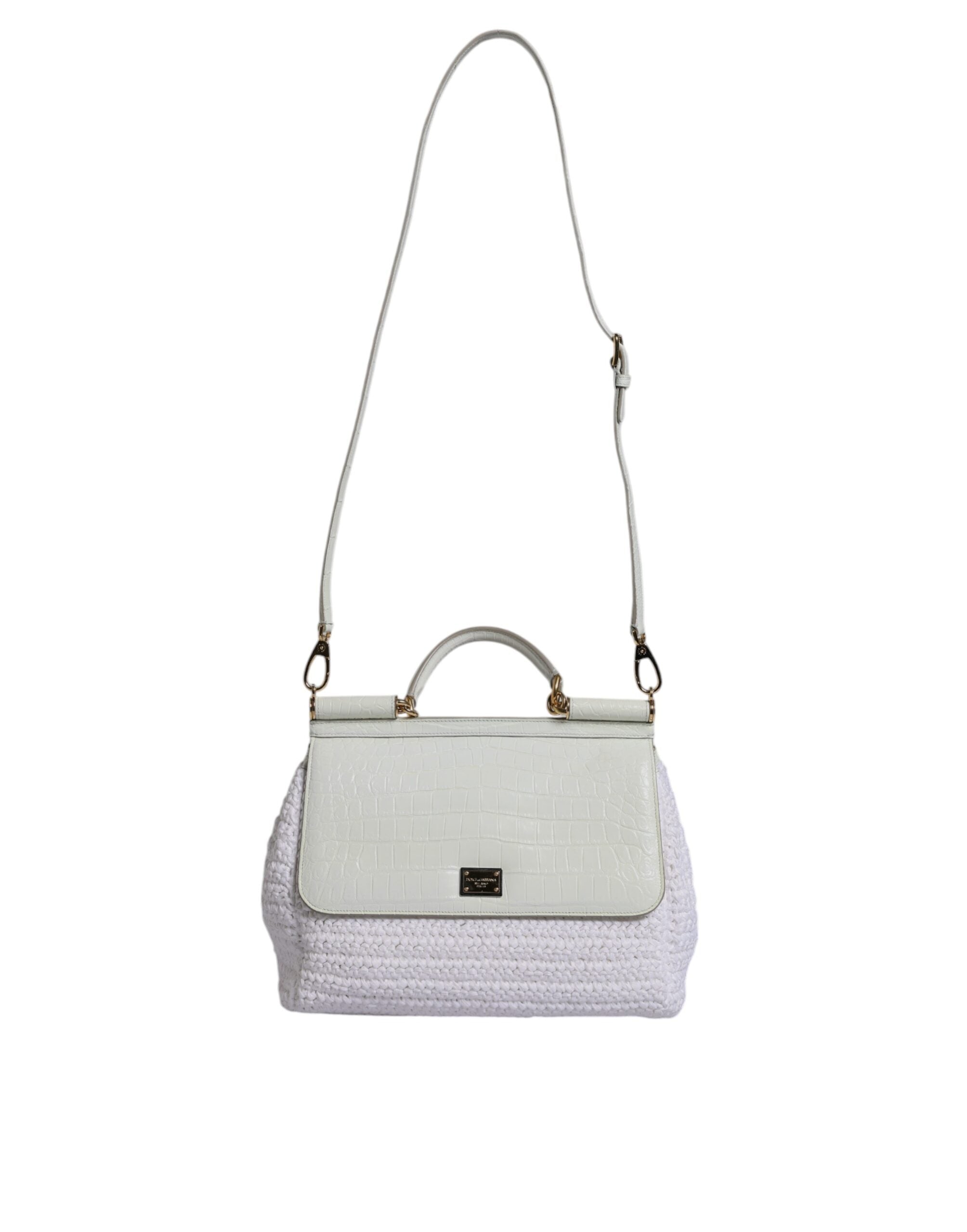Dolce & Gabbana White Leather Raffia Crossbody Shoulder Bag Gold Hardware