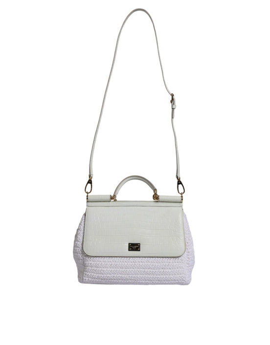 Dolce & Gabbana White Leather Raffia Crossbody Shoulder Bag Gold Hardware