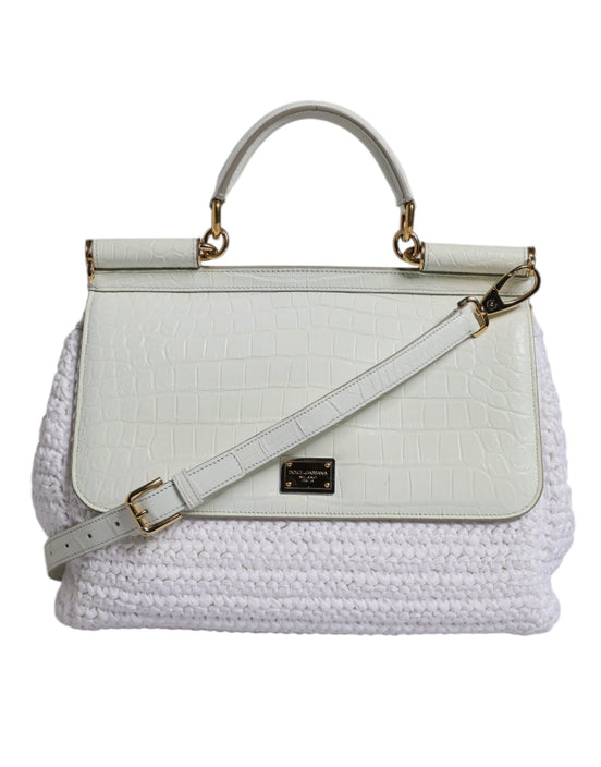 Dolce & Gabbana White Leather Raffia Crossbody Shoulder Bag Gold Hardware