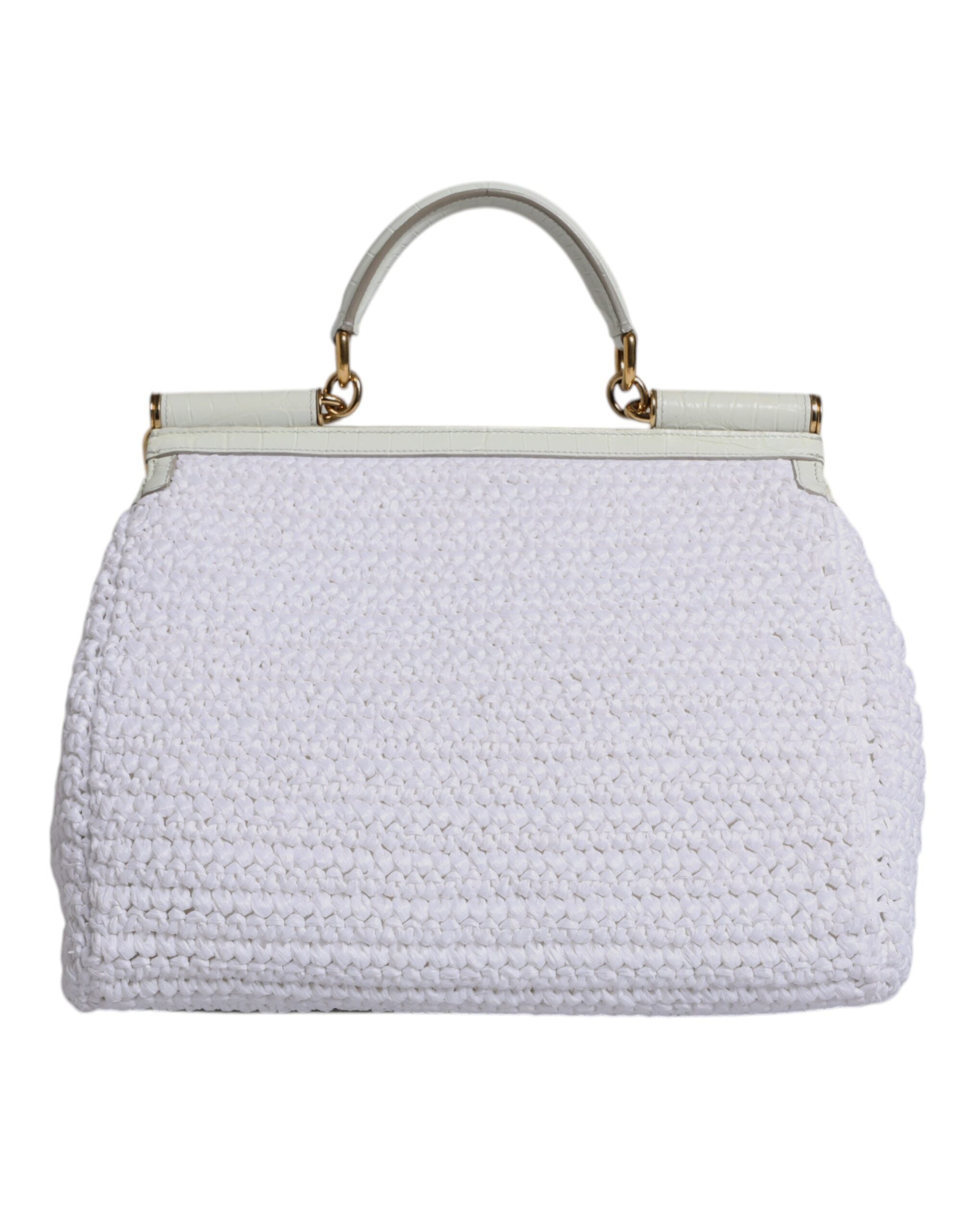 Dolce & Gabbana White Leather Raffia Crossbody Shoulder Bag Gold Hardware