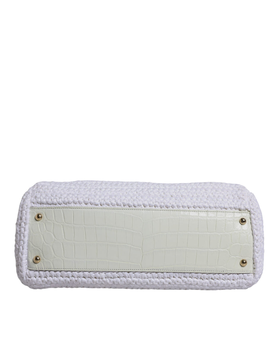 Dolce & Gabbana White Leather Raffia Crossbody Shoulder Bag Gold Hardware