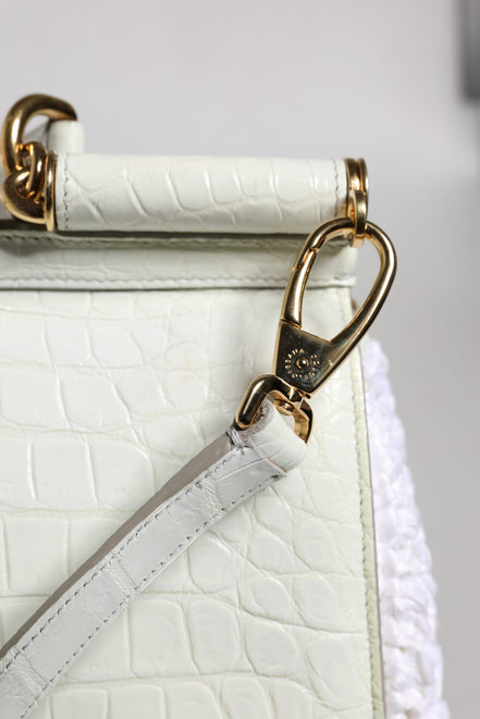 Τσάντα Χιαστί Dolce & Gabbana Λευκό Δέρμα με Ραφία και Χρυσά Μεταλλικά Στοιχεία