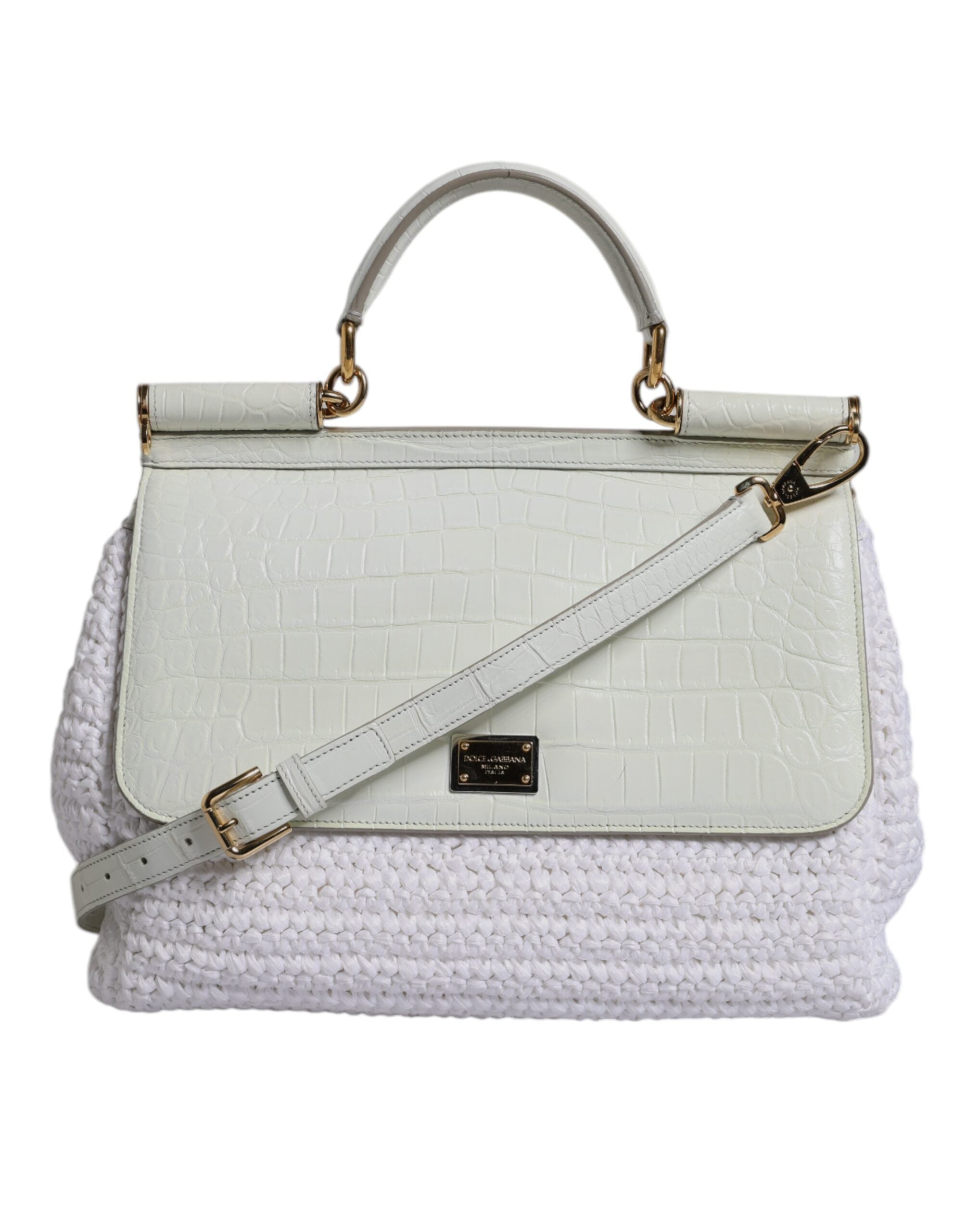 Dolce & Gabbana White Leather Raffia Crossbody Bag Gold Hardware