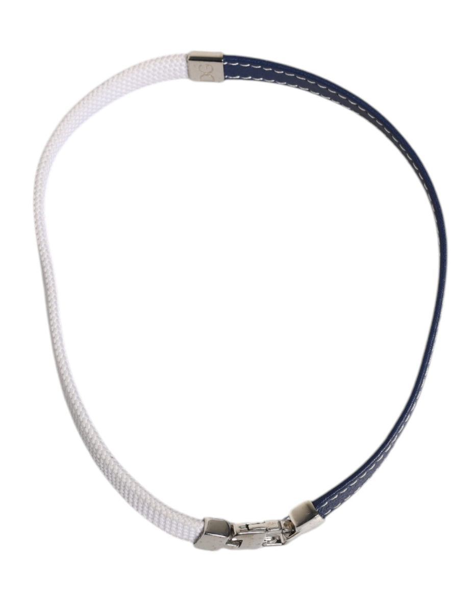Dolce & Gabbana Blue White Leather Trimmed DG Engraved Silver Tone Clasp Bracelet