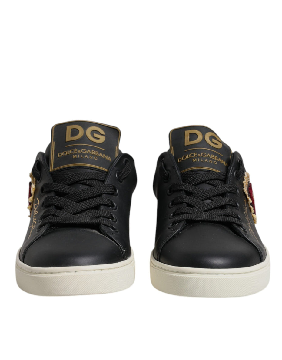 Dolce & Gabbana Μαύρα Δερμάτινα Χρυσά Κόκκινα Αθλητικά Παπούτσια με Καρδιές