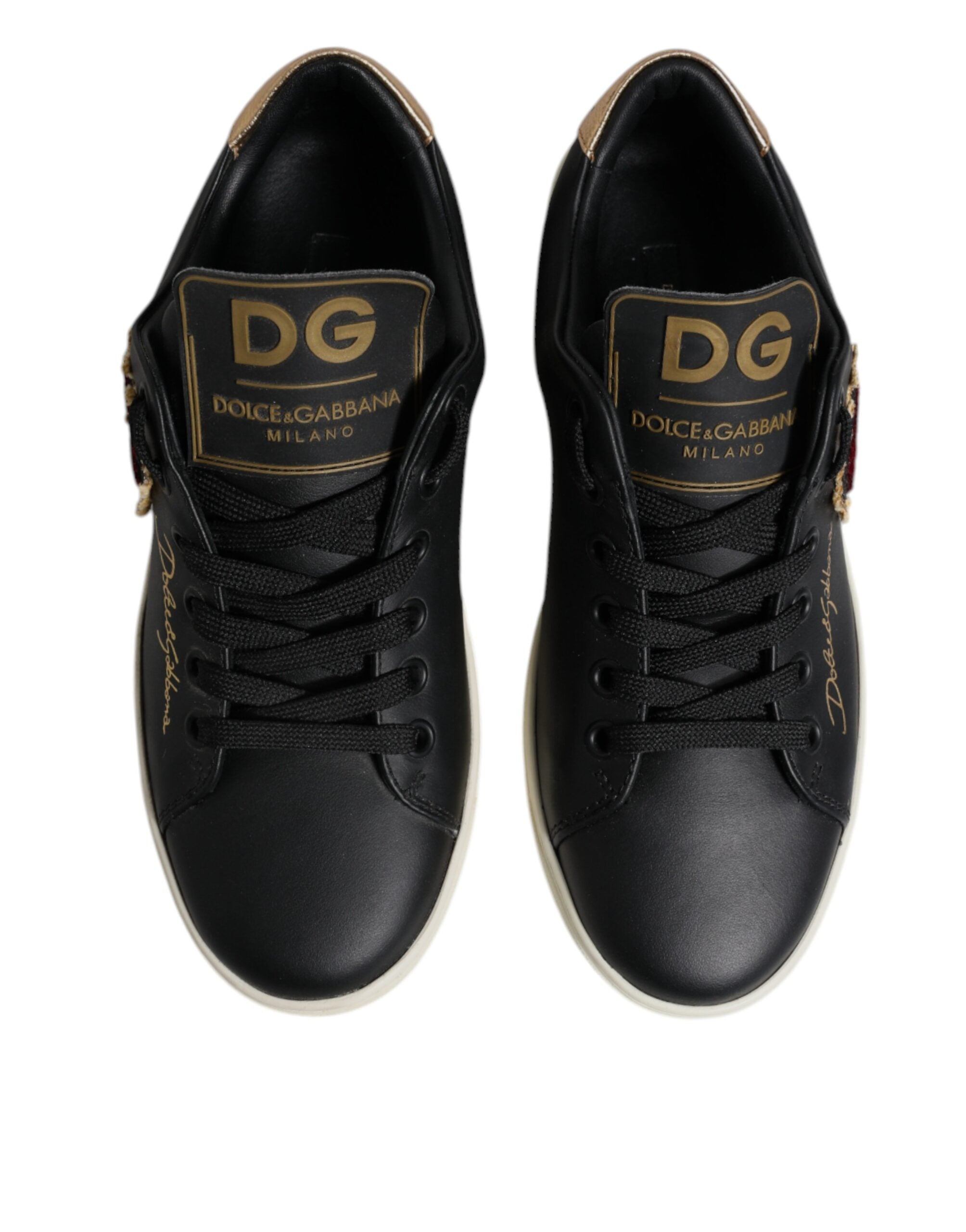 Dolce & Gabbana Μαύρα Δερμάτινα Χρυσά Κόκκινα Αθλητικά Παπούτσια με Καρδιές