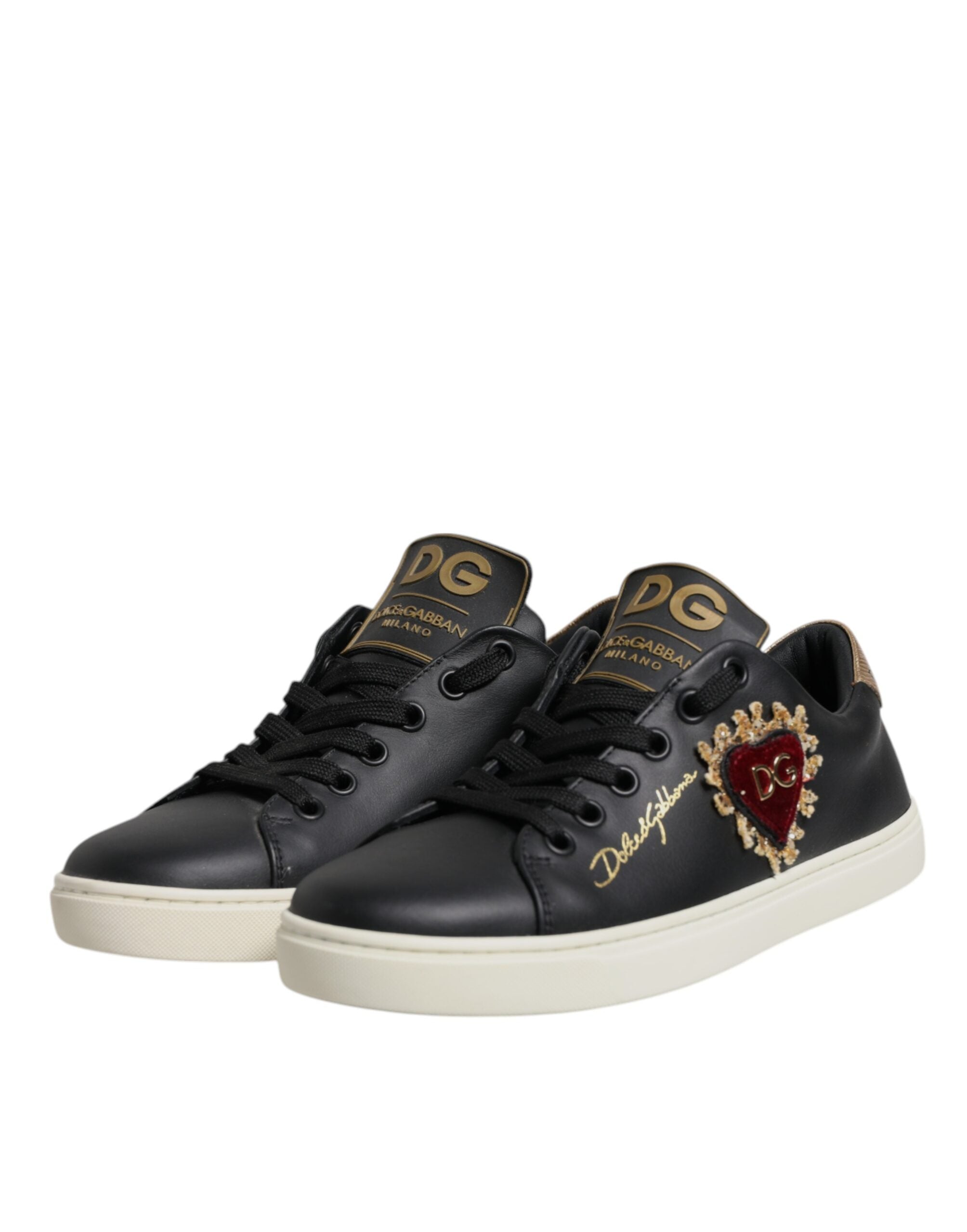 Dolce & Gabbana Μαύρα Δερμάτινα Χρυσά Κόκκινα Αθλητικά Παπούτσια με Καρδιές