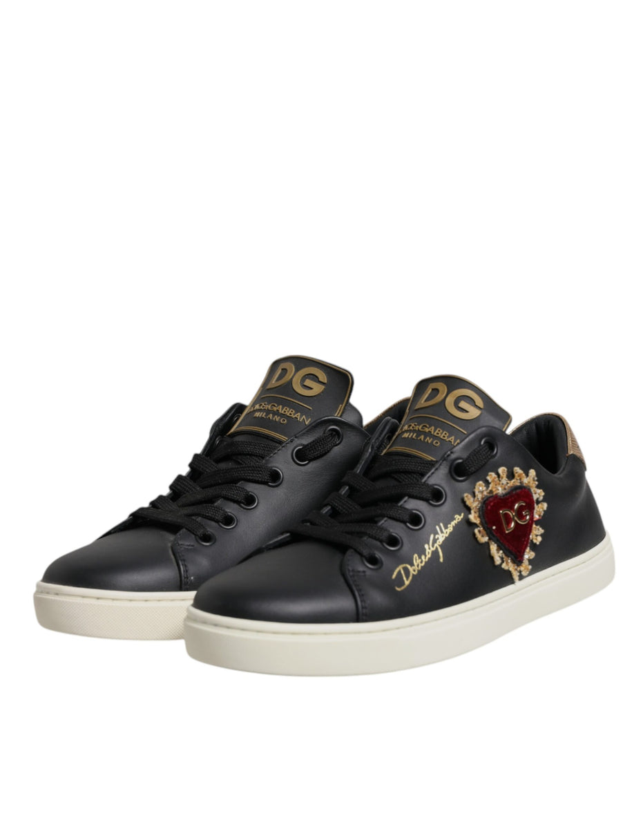 Dolce & Gabbana Μαύρα Δερμάτινα Χρυσά Κόκκινα Αθλητικά Παπούτσια με Καρδιές