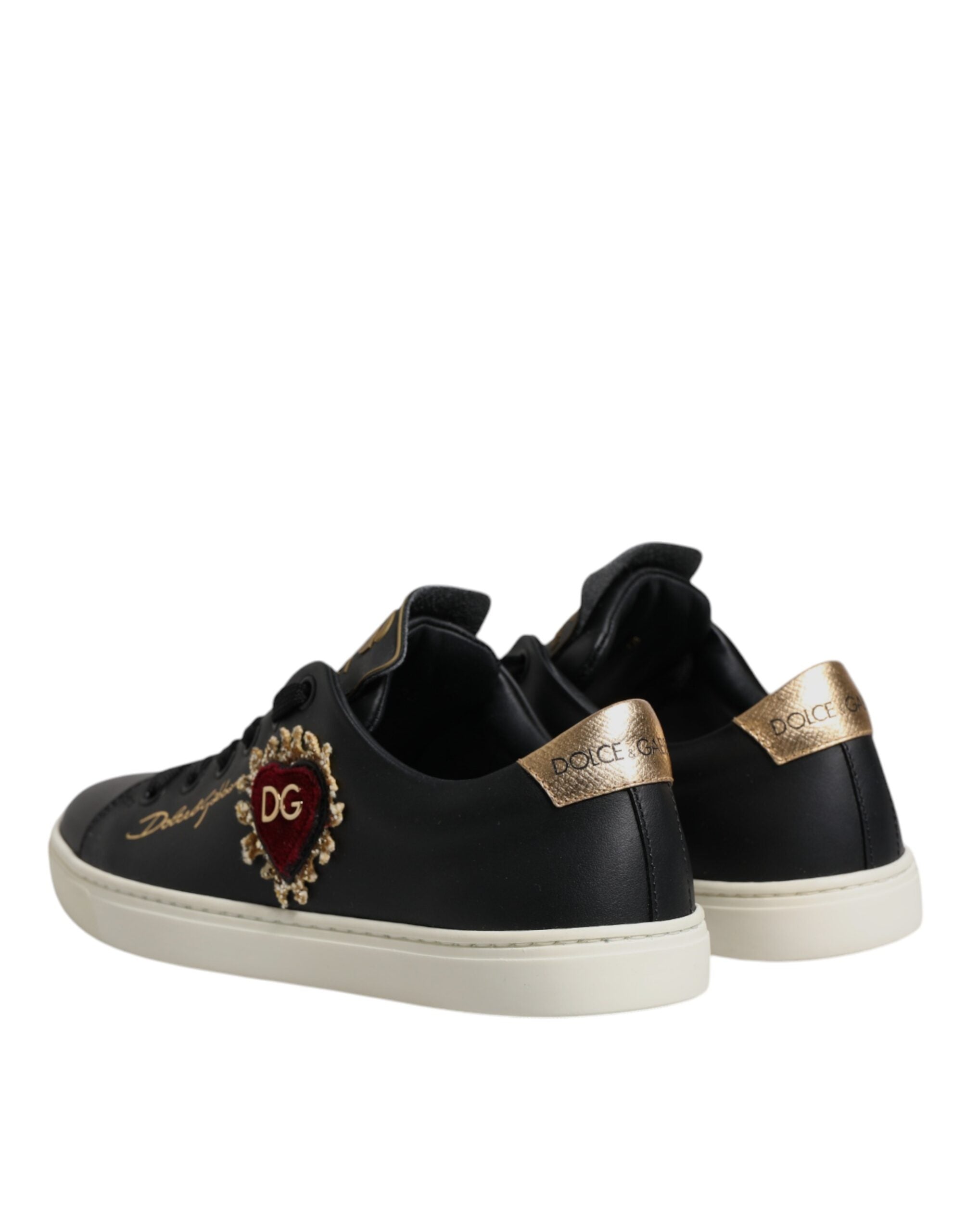 Dolce & Gabbana Μαύρα Δερμάτινα Χρυσά Κόκκινα Αθλητικά Παπούτσια με Καρδιές