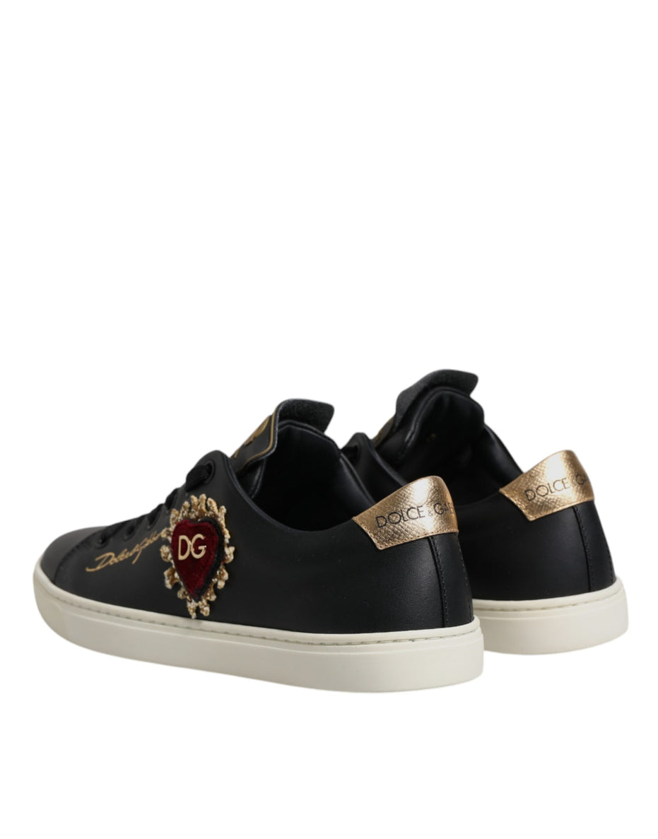 Dolce & Gabbana Μαύρα Δερμάτινα Χρυσά Κόκκινα Αθλητικά Παπούτσια με Καρδιές