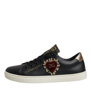 Dolce & Gabbana Black Leather Gold Red Heart Sneakers Shoes