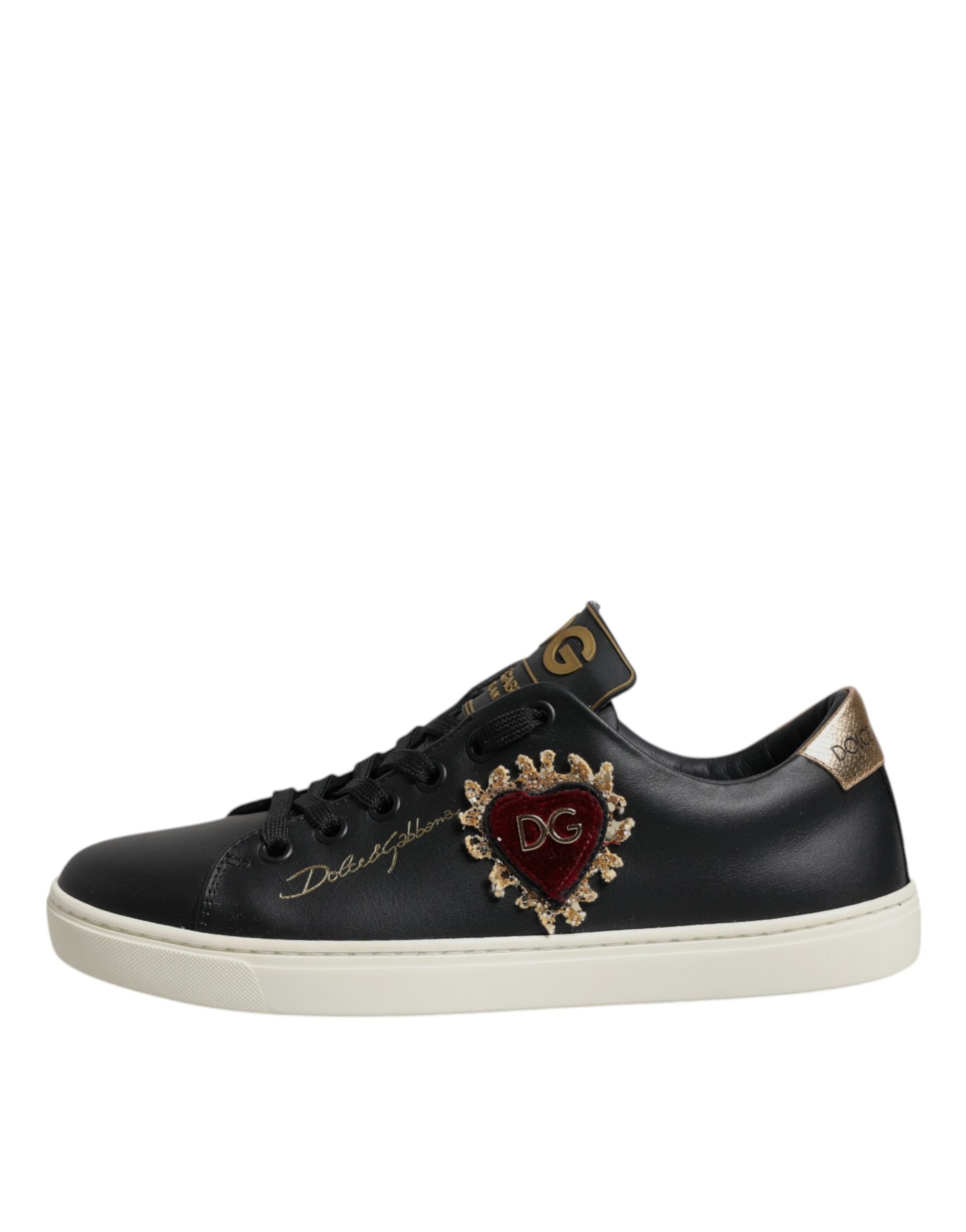 Dolce & Gabbana Μαύρα Δερμάτινα Χρυσά Κόκκινα Αθλητικά Παπούτσια με Καρδιές