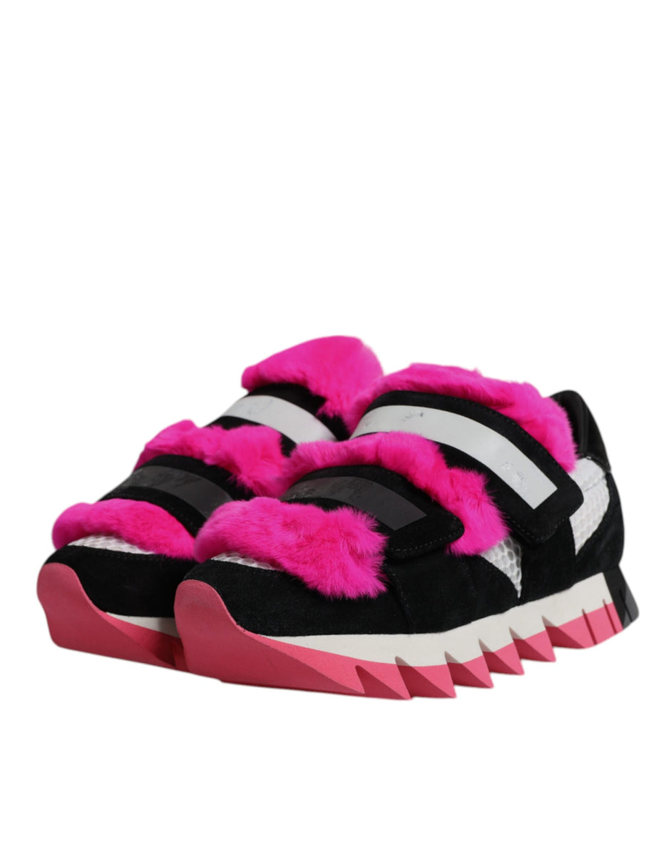 Dolce & Gabbana Μαύρα Ροζ Γούνινα Παπούτσια Sneakers με Στολίδια