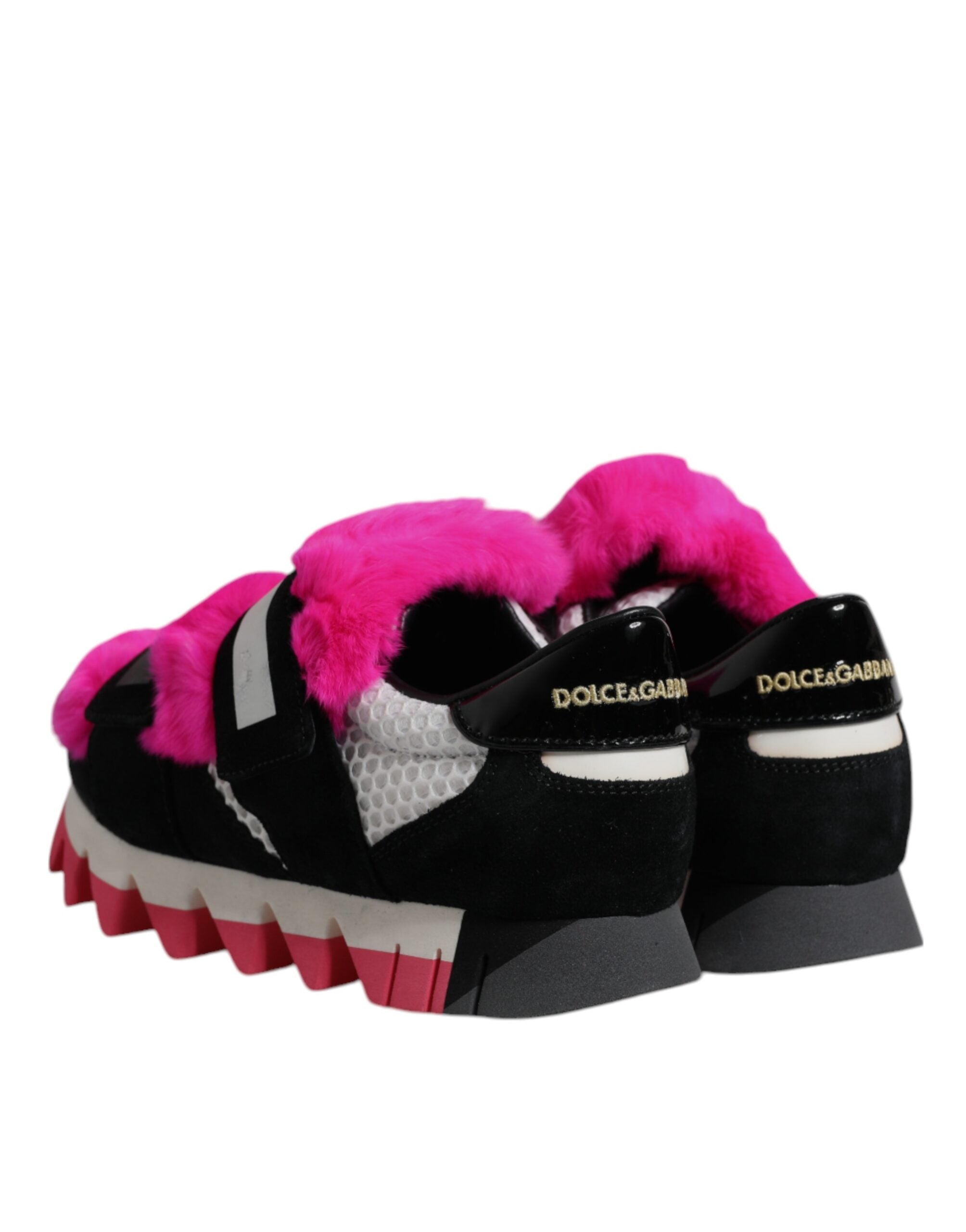 Dolce & Gabbana Μαύρα Ροζ Γούνινα Παπούτσια Sneakers με Στολίδια