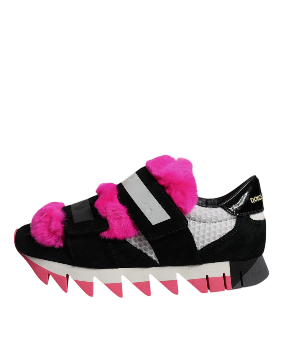 Dolce & Gabbana Μαύρα Ροζ Γούνινα Παπούτσια Sneakers με Στολίδια