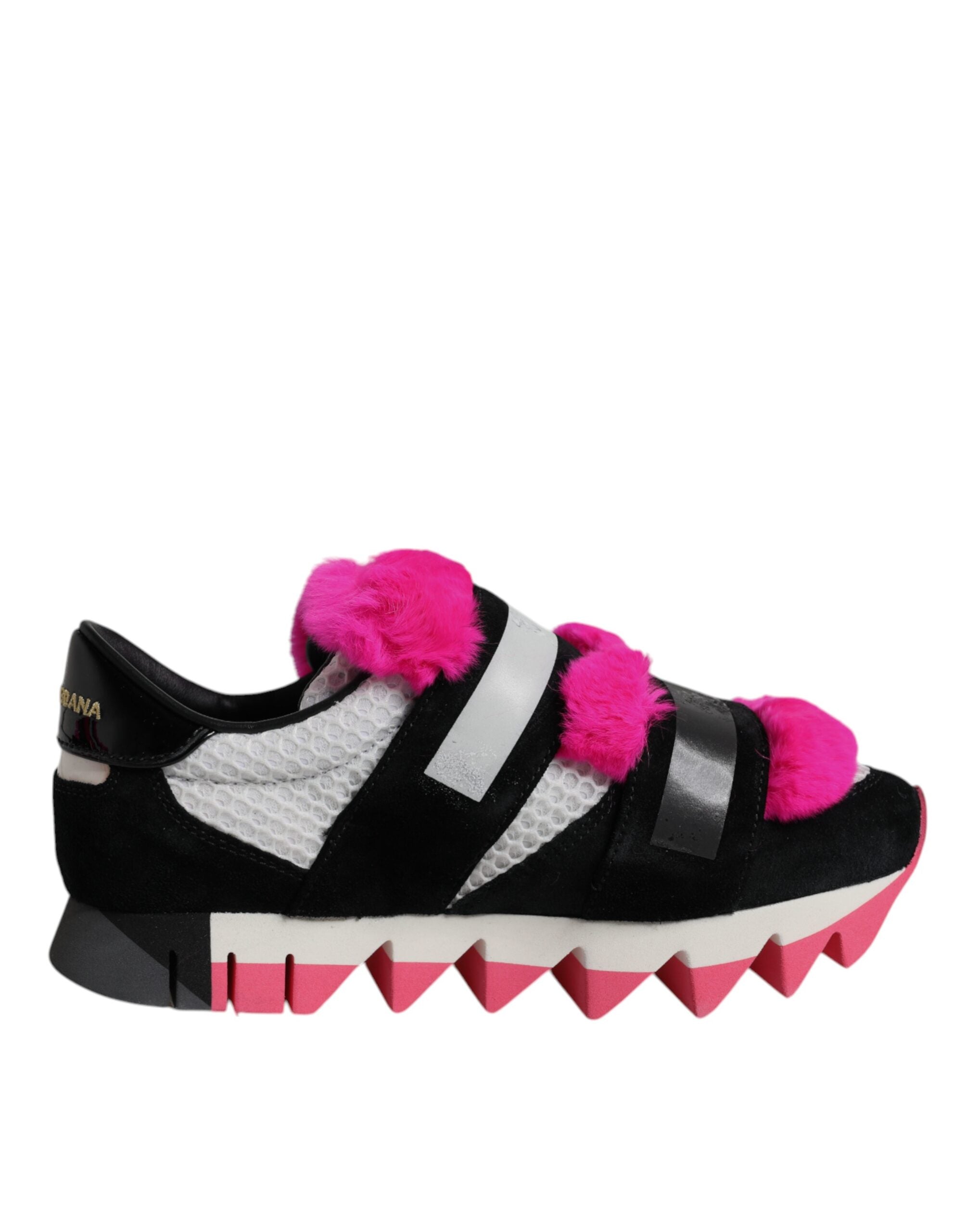 Dolce & Gabbana Μαύρα Ροζ Γούνινα Παπούτσια Sneakers με Στολίδια