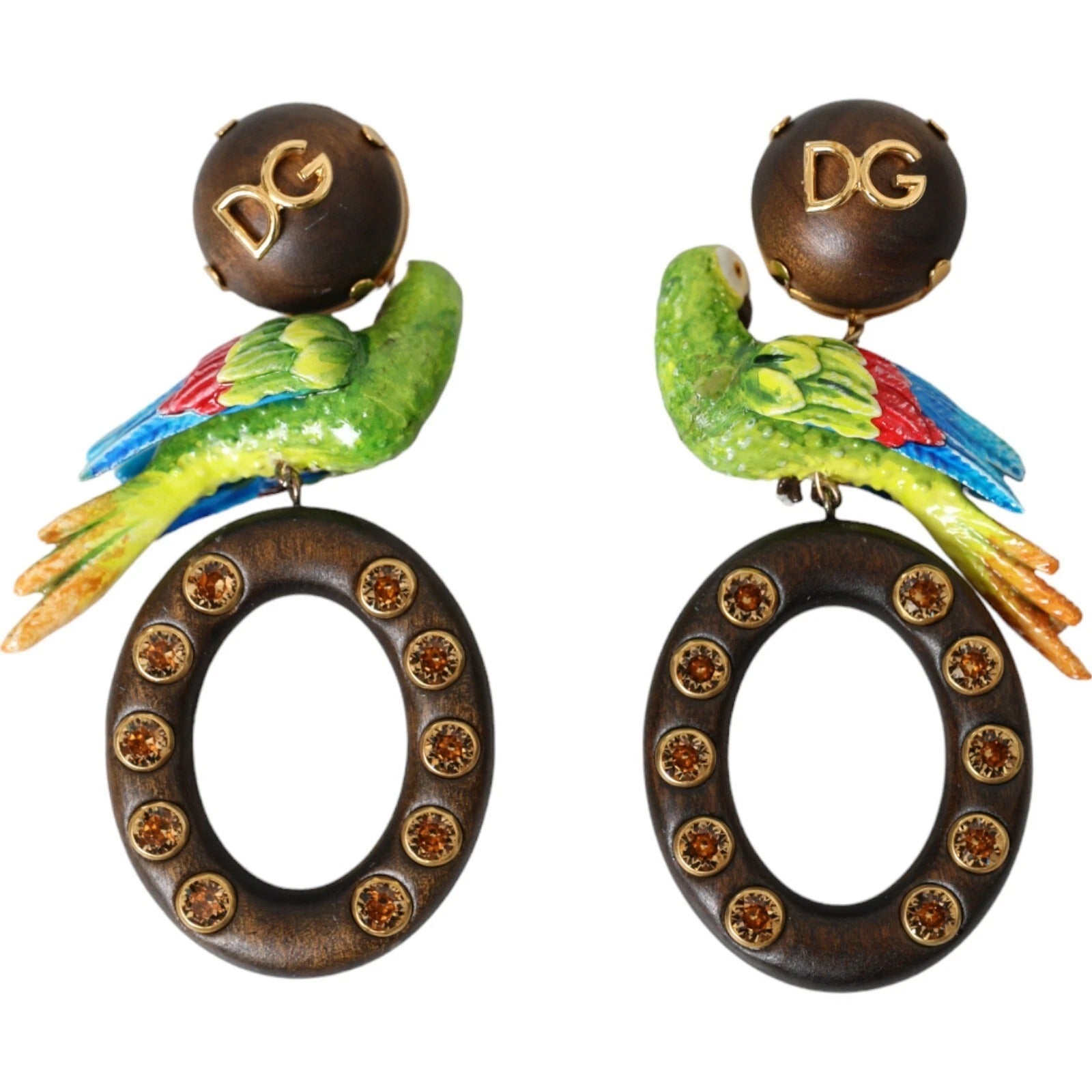 Πολύχρωμα Σκουλαρίκια Dolce & Gabbana με Παπαγάλο από Ξύλο και Ορείχαλκο με Κρύσταλλα