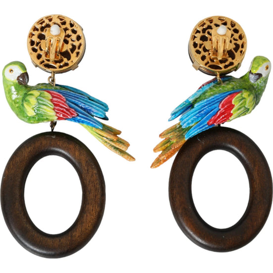 Dolce & Gabbana Multicolor Parrot Wood Brass Crystal Embellished Earrings