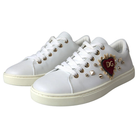 Dolce & Gabbana Λευκά Sneakers από Δέρμα με Χρυσή και Κόκκινη Καρδιά