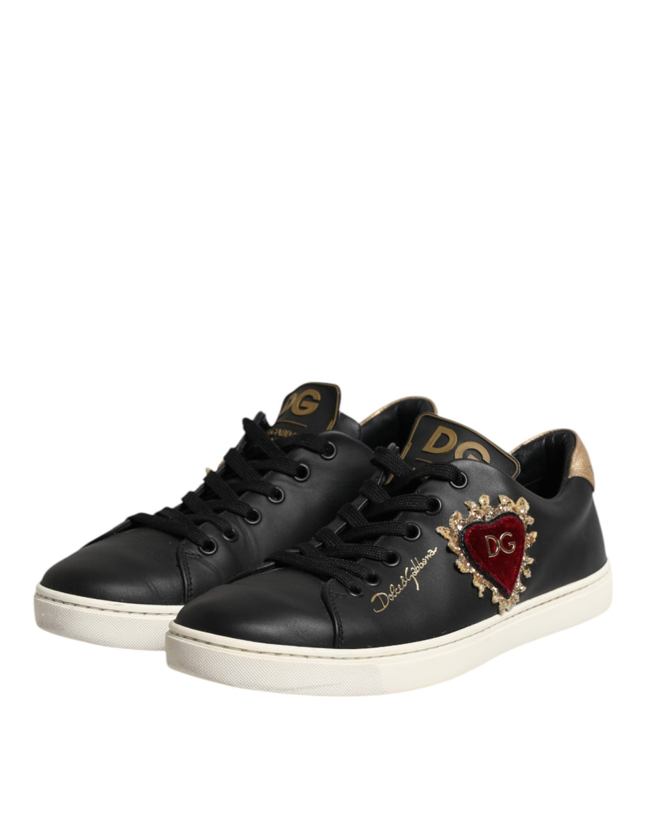 Dolce & Gabbana Μαύρα Δερμάτινα Αθλητικά Παπούτσια Sneakers Ιερή Καρδιά