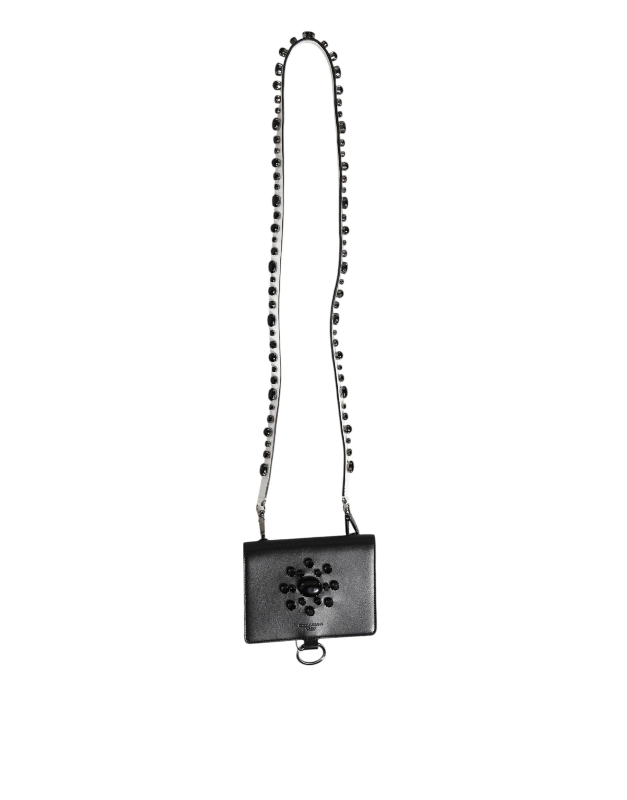 Dolce & Gabbana Black Leather Crystal Embellished Card Holder Wallet