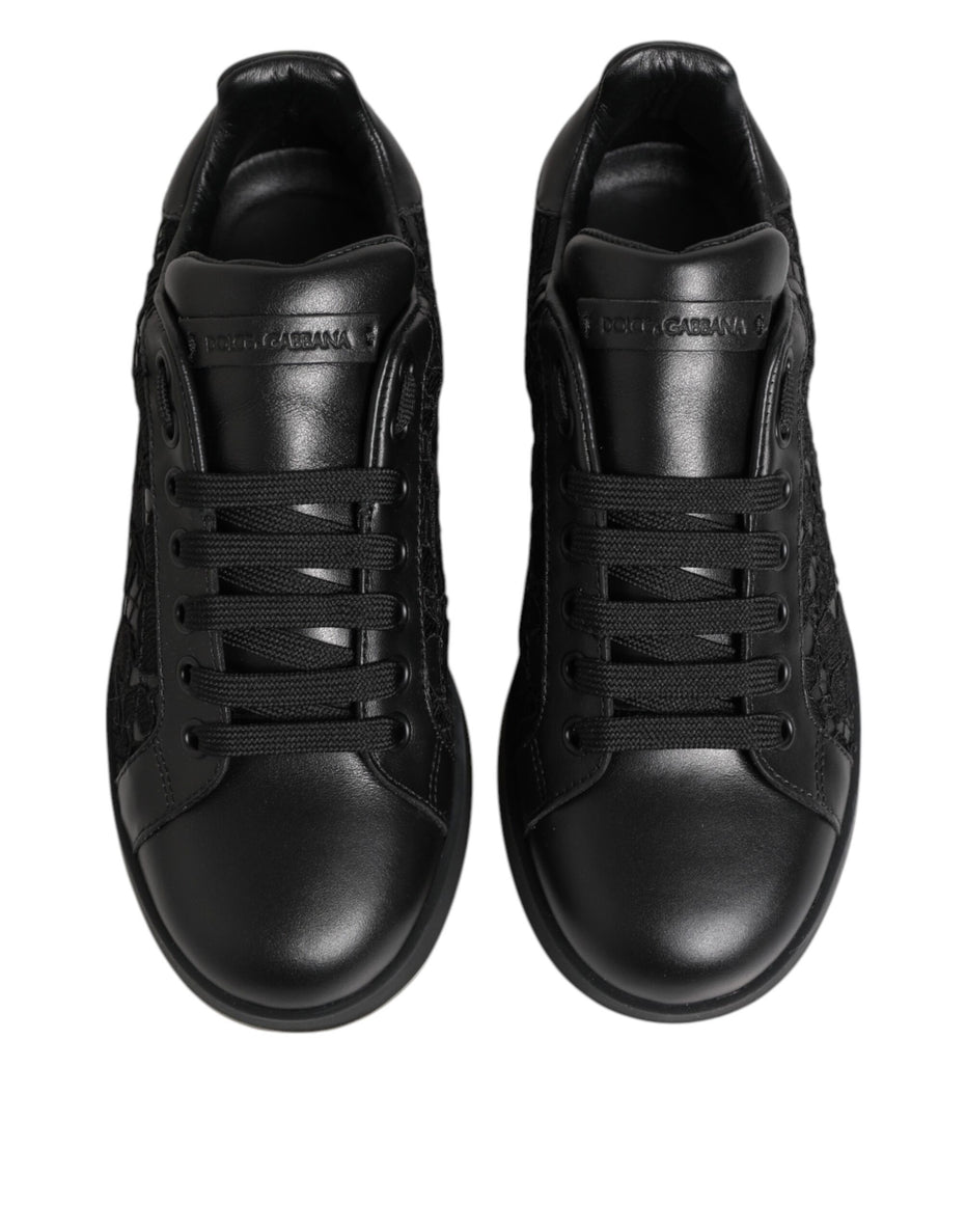 Dolce & Gabbana Black Floral Lace Low Top Sneakers Shoes