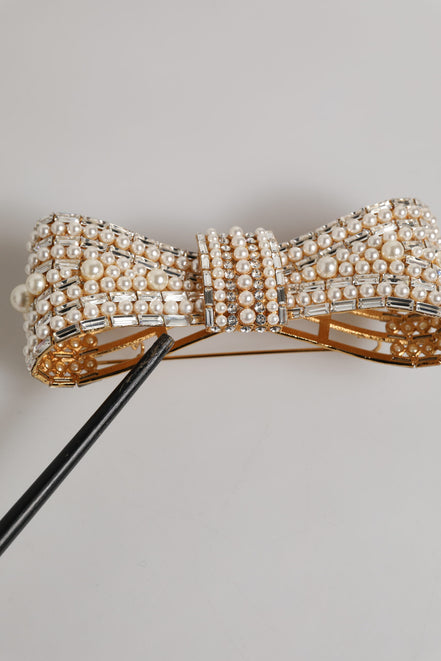 Dolce & Gabbana Gold Tone Brass Bow Crystal Faux Pearl Embellished Brooch